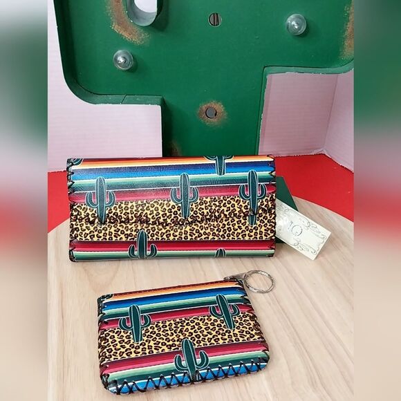 Cheetah Print Saguaro Cactus Wallet Set Cardholder ID Credit Card Coin Purse - Picture 3 of 12